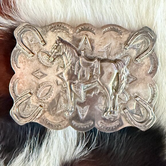 SOLD Bell Trading Post Nickel Silver Belt Buckle Horse/Horseshoe - Picture 1 of 9